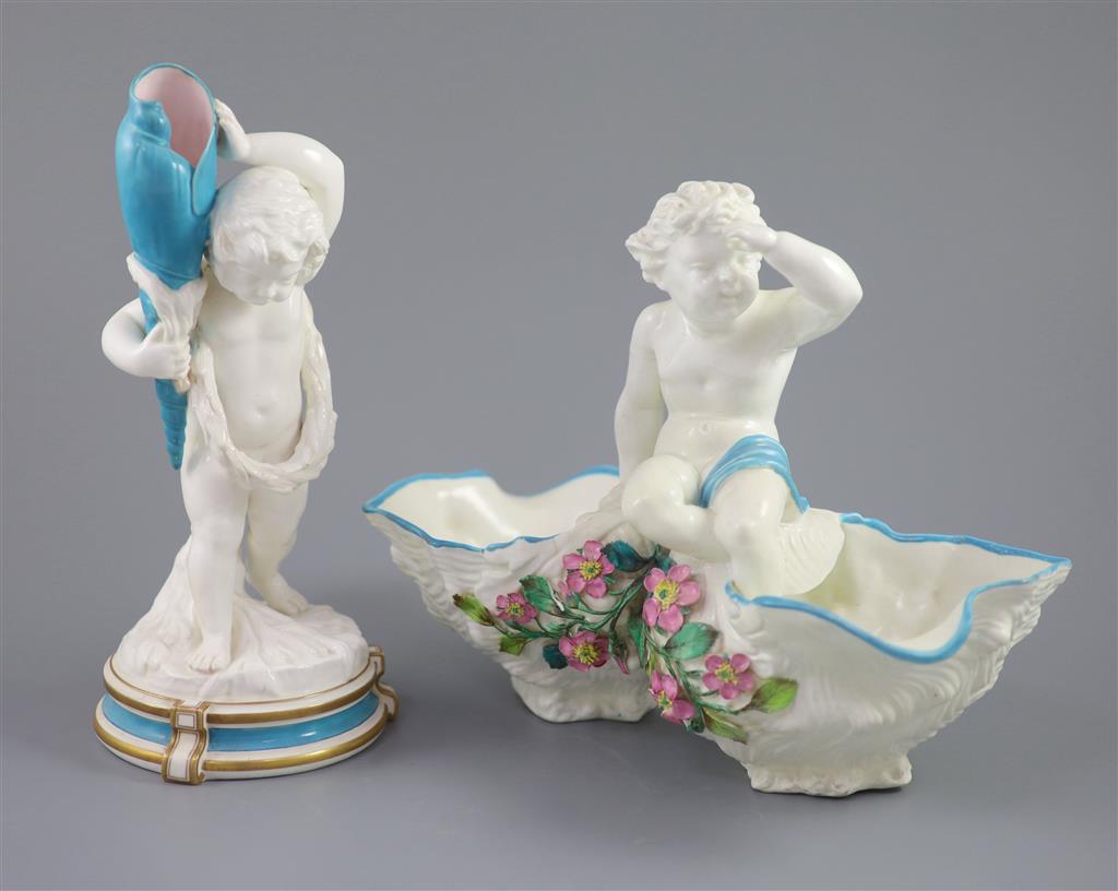 A large late 19th century French porcelain figure of Cupid, an English bone china cherub vase and a similar sweetmeat dish, tallest 3